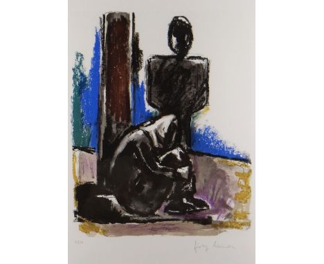 JOSEF HERMAN OBE RA limited edition (52/150) colour lithograph - entitled verso on Goldmark Gallery label 'Two Grey Figures',