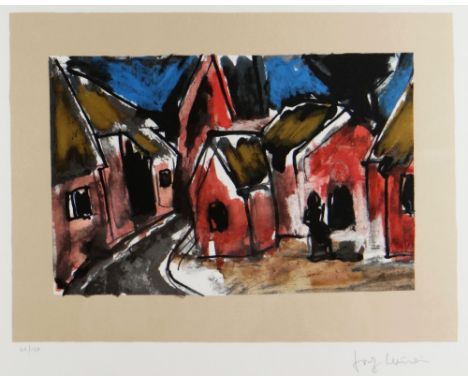 JOSEF HERMAN OBE RA limited edition (62/150) colour print - figure seated in village with church, signed, 44 x 53.5cms Proven