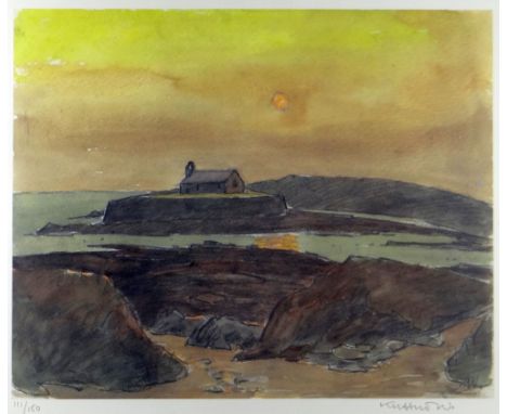 SIR KYFFIN WILLIAMS RA limited edition (111/150) colour print - Porth Cwyfan at sunset, signed fully in pencil, 39 x 47cms Pr