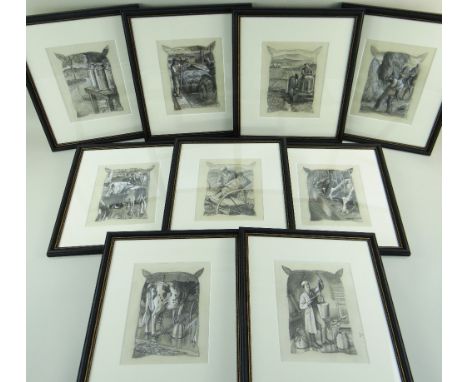 CHARLES FREDERICK TUNNICLIFFE OBE RA (1901-1979) pencil and mixed media - set of eighteen mid 20th Century studies of farming