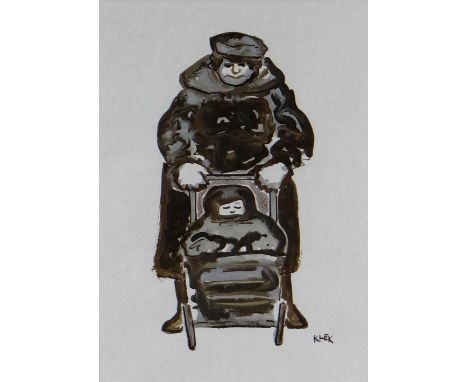 KAREL LEK mixed media - lady pushing child in a pram, entitled verso 'Buggy', signed, 24 x 17cms Provenance: private collecti