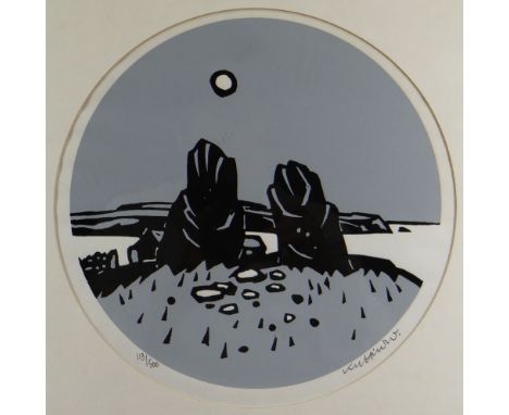 SIR KYFFIN WILLIAMS RA limited edition (113/500) two colour linocut of circular format - ancient Celtic standing stones, Ynys