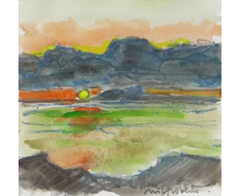 WILF ROBERTS watercolour and pencil - view across farmland with mountains in background, signed in pencil, 12.5 x 13cms Prove