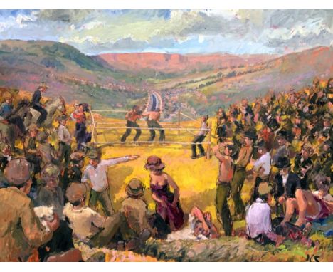 KEVIN SINNOTT enormous oil and charcoal on linen - entitled verso on Flowers gallery label 'The Boxing Field, Pontycymmer c.1