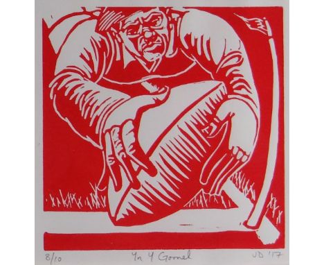 JAMES DONOVAN limited edition (8/10) linocut - rugby player scoring a try, entitled 'Yn y Gornel', signed with initials and d