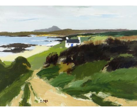 DONALD MCINTYRE acrylic - whitewashed cottage in landscape, entitled verso 'Holyhead Mountain', signed with initials, 29 x 39