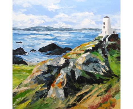 GWYN ROBERTS large oil on canvas - Ynys Mon coastal scene with historic lighthouse, entitled verso 'Ynys Llanddwyn', signed w