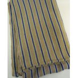 A TWO SECTION JOINED HEAVY WEIGHT ANTIQUE WELSH BLANKET having narrow blue stripes with off-white