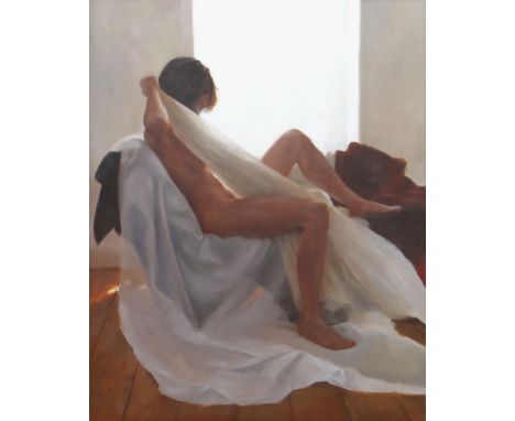 DAVID KNIGHT oil on board - nude with white sheet, signed, 74 x 58cms Provenance: private collection, consigned via our Cardi