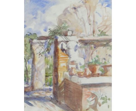 SIR FRANK BRANGWYN RA watercolour and ink on note paper - title verso 'Colonnade with Pots and Cherub', signed with initials,