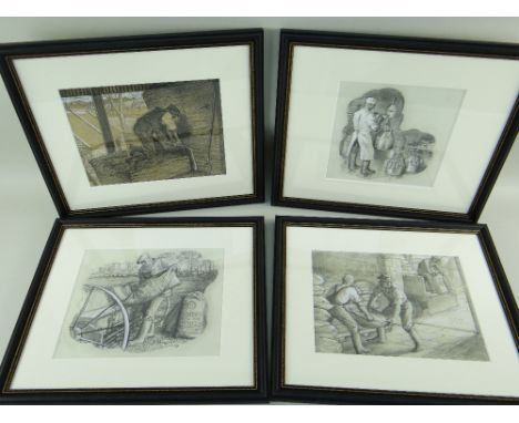 CHARLES FREDERICK TUNNICLIFFE OBE RA (1901-1979) pencil and mixed media - four illustrations of farming life, all approximate