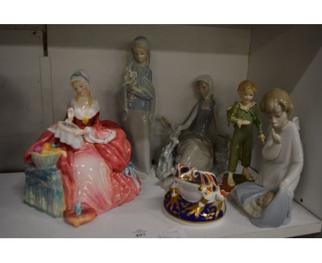 Collectable china to include Doulton figurine, Penelope, Crown Derby Imari frog, Royal Worcester Parakeet Boy (faults) and ot