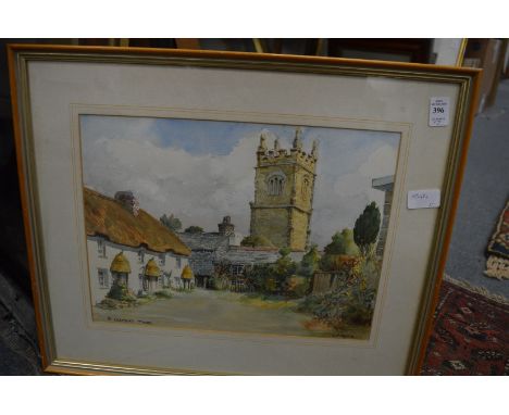 L R Davies, St Clement, Truro, watercolour together with an engraving and an oil on canvas depicting a coastal sunset.