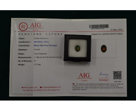 A natural black oval cabochon opal, 2.75ct with certificate.