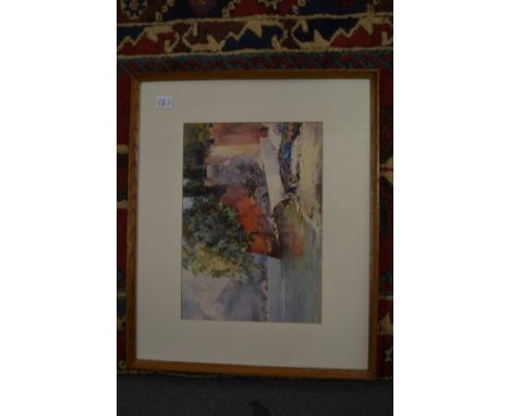 P M Pearce, a collection of three watercolours, each signed together with a 19th century watercolour of figures in a street.