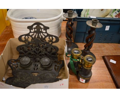 Art Nouveau inkwell, similar letter rack, pair of candlesticks and pair of binoculars.
