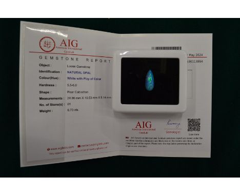 A natural white pear shaped cabochon opal, 6.73ct with certificate.