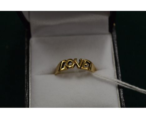 A 9ct gold ring pierced with the word 'Love', size O.