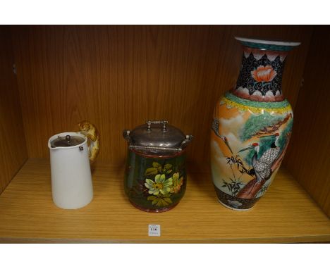 A Chinese vase, pottery biscuit barrel with plated mount and a Spode milk jug with cat handle.