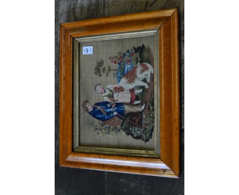 Three 19th century maple framed embroidered tapestry pictures.