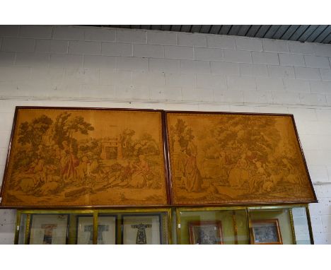 A large pair of machine made tapestry pictures, framed, each 195cm long x 130cm high.
