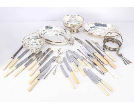 A box of silver plated items and more, including a set Victorian silver plated and mop handled fish eaters in an oak case, a 