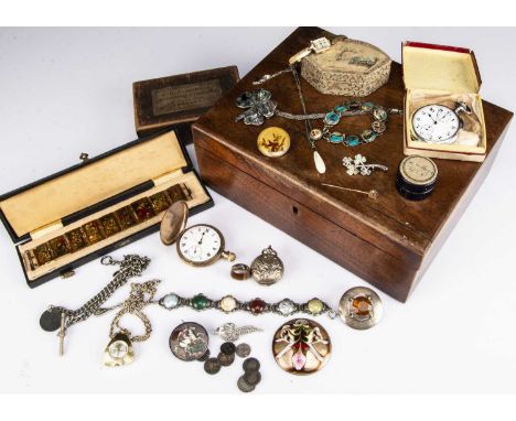 A collection of costume jewellery, and silver items including a silver open face double complicated pocket watch, a George IV