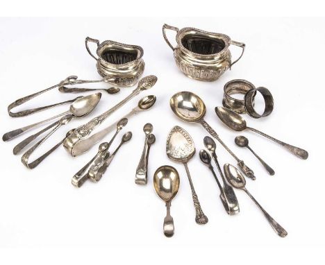A collection of Georgian and Victorian and later silver, 17.5 ozt, including a milk jug and sugar basin, several sugar tongs 