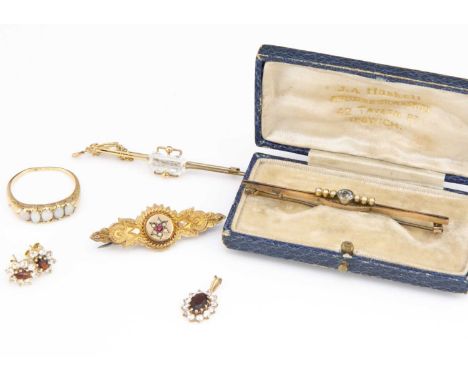 A collection of 9ct gold, including an opal dress ring size S, an aqua marine and seed pearl bar brooch cased, stud earrings 