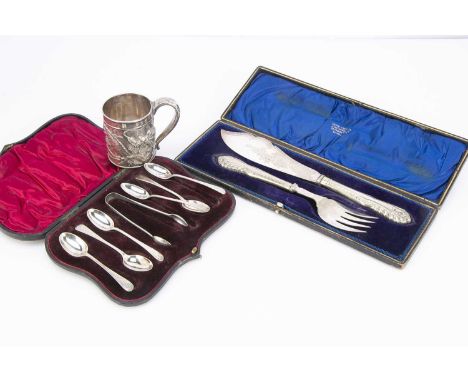 An Art Deco period Chinese silver small tankard, together with a cased set of six silver teaspoons and a pair of tongs, and a