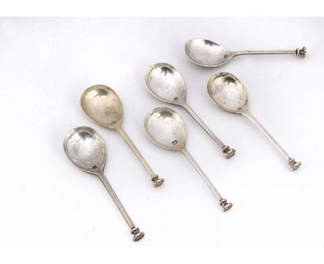 A group of six c1960s silver replica Pudsey spoons, 5.9 ozt, three from Mappin &amp; Webb, each with Tudor Rose seal terminal