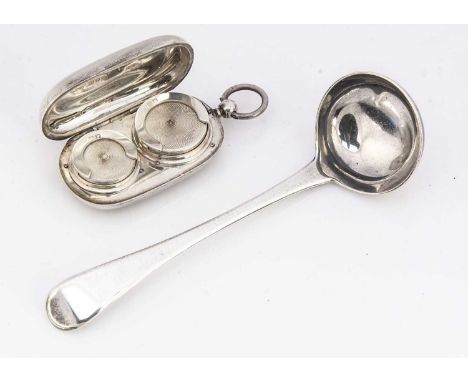 A George V silver sovereign case, button missing, with two sprung compartments, together with a small Georgian silver sauce l
