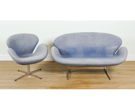 AFTER FRITZ HANSEN; A SWAN SOFA ON POLISHED CHROME BASE (2)145cm wide; 78cm high; together with a matching swivel chair, 75cm