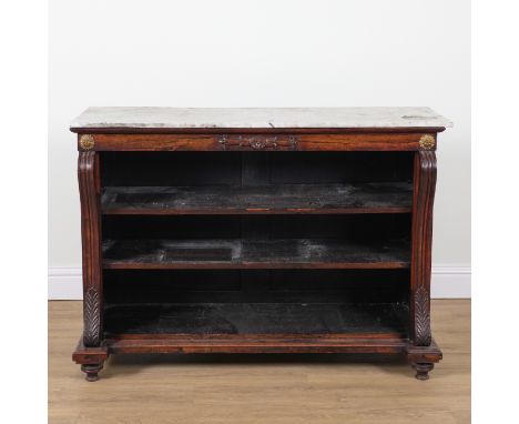 A REGENCY MARBLE TOPPED ROSEWOOD FLOORSTANDING OPEN BOOKCASE129cm wide; 44cm deep; 92cm highMarble top suffers a repaired bre