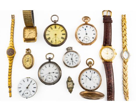 FOUR POCKET WATCHES, FOUR WRISTWATCHES AND FOUR FURTHER ITEMS (12)Comprising; two silver key wind openfaced pocket watches, a
