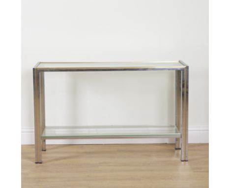 RENATO ZEVI; A CHROME AND BRASS TWO TIER CONSOLE TABLE (2)With shaded glass, 120cm wide; 40cm deep; 76cm high, and a matching