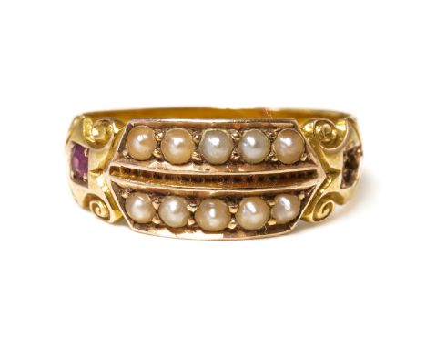 A VICTORIAN 15CT GOLD, SEED PEARL AND RUBY RINGMounted with two rows of five seed pearls and with a ruby to one end, (the rub