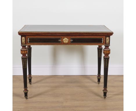 A 19TH CENTURY FRENCH GILT METAL MOUNTED EBONISED MAHOGANY RECTANGULAR FOLDOVER CARD TABLEOn tapering turned fluted supports,