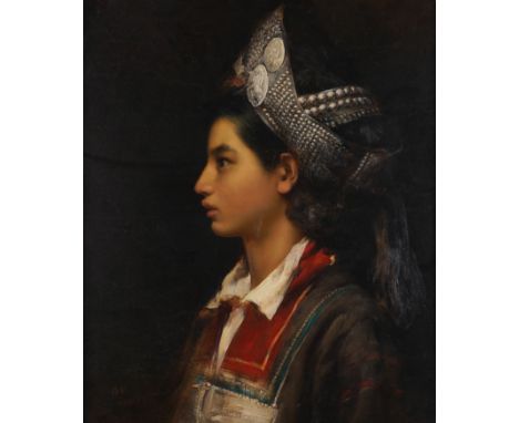 20TH CENTURY SCHOOLPortrait of a woman wearing a headdress
indistinctly signed and dated '1988' (lower left)
oil on canvas
58