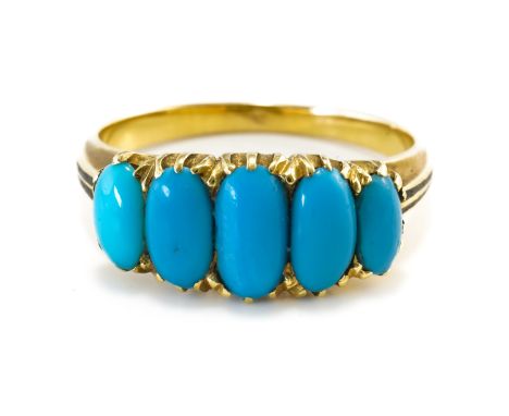 A GOLD AND TURQUOISE FIVE STONE RINGClaw set with a row of graduated oval turquoise, between black enamelled shoulders, unmar