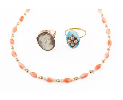 TWO GOLD RINGS AND A NECKLACE (3)Comprising; a rose diamond, half pearl and pale blue enamelled ring, detailed 18 CT, ring si
