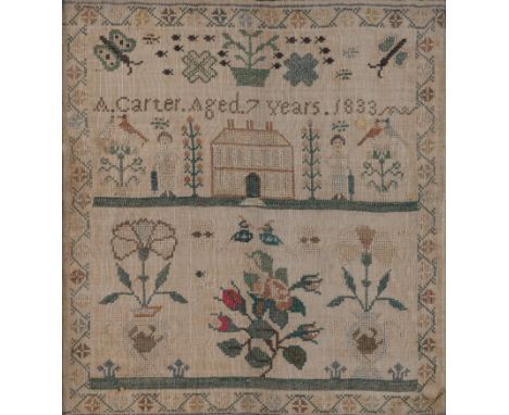 WILLIAM IV NEEDLEWORK SAMPLER BY A. CARTER AGED 7Dated 1833
Depicting a house flanked by trees and two figures with flowers b