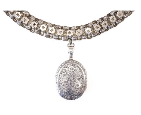 A VICTORIAN OVAL PENDANT LOCKET WITH A COLLAR NECKCHAIN (2)The pendant locket with floral and foliate engraved decoration, de