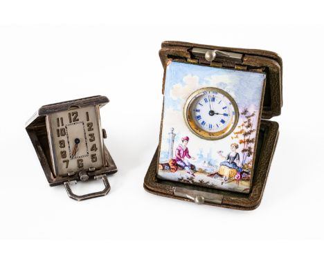 TWO TRAVELLING WATCHES (2)Comprising; a silver rectangular cased folding purse watch, the unsigned silvered dial with Arabic 