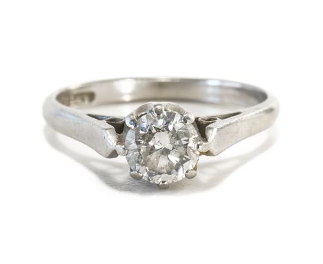 A PLATINUM AND DIAMOND SINGLE STONE RINGClaw set with an old cut cushion shaped diamond, detailed PLAT, ring size J½, gross w