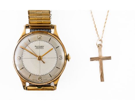 A ROTARY MAXIMUS 9CT GOLD CASED GENTLEMAN'S WRISTWATCH, A GOLD PENDANT CROSS AND A GOLD NECKCHAIN (3)The signed silvered dial