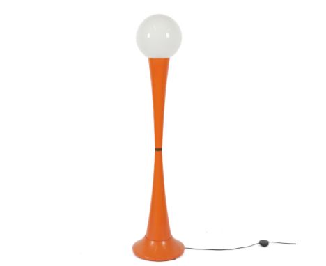 AN ORANGE LACQUERED FLOOR STANDING LAMPMid-20th Century 
Of waisted tapering form with globular shade, 160cm high