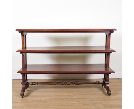 A VICTORIAN MAHOGANY THREE TIER BUFFETOn four downswept scroll supports, 164cm wide; 51cm deep; 117cm high