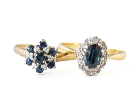 TWO SAPPHIRE AND DIAMOND RINGS (2)One floral cluster ring in 9ct, size P½, weight 1.5 grams, the other set with a oval cut sa