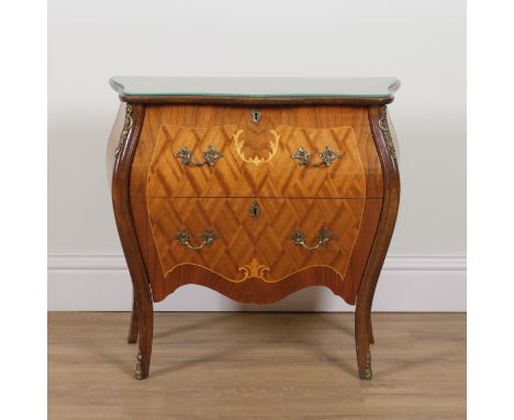 A SMALL LOUIS XV STYLE GILT METAL MOUNTED PARQUETRY INLAID MAHOGANY BOMBE TWO DRAWER COMMODE67cm wide; 33cm deep; 65cm high